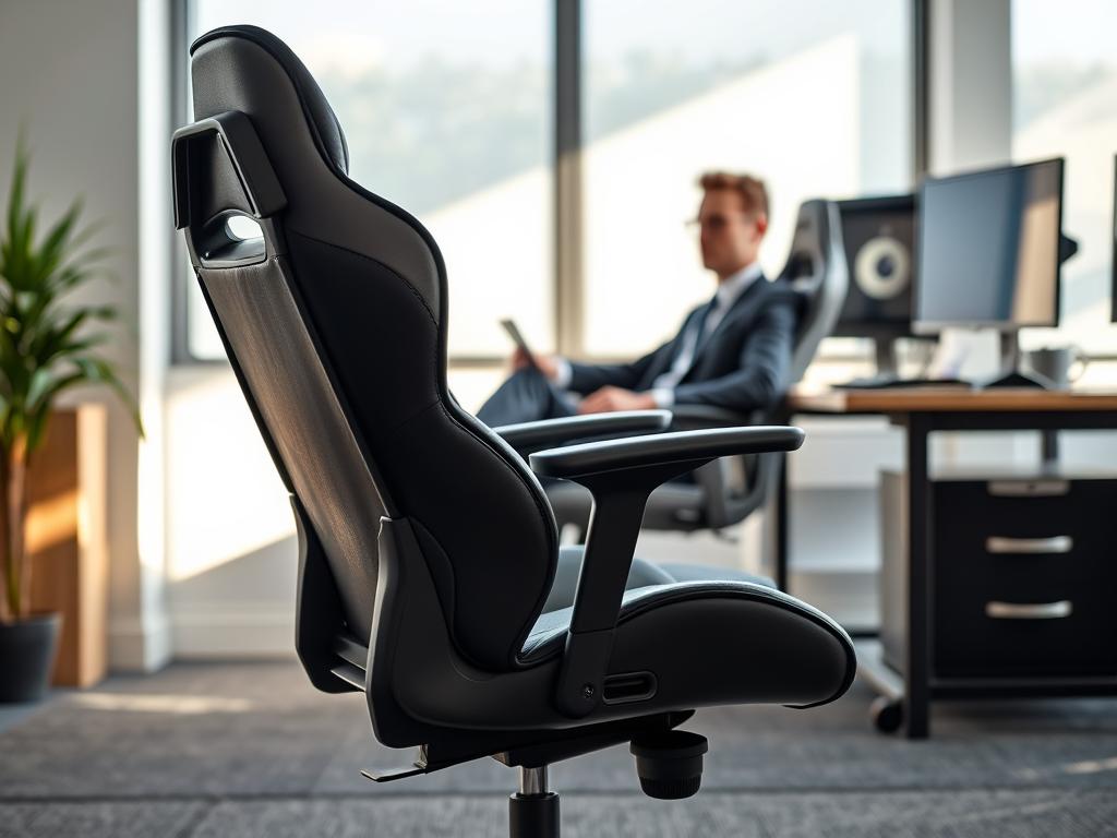 A well-designed ergonomic gaming chair prominently displayed in an office environment, showcasing essential adjustments for optimal comfort. In the foreground, the chair features adjustable armrests, a reclining backrest, and lumbar support, all clearly highlighted. In the middle ground, a professional-looking person dressed in smart casual attire sits comfortably in the chair, demonstrating the proper posture with feet flat on the floor and hands on the desk. The background depicts a clean, modern office space with soft, natural lighting filtering through a window, casting gentle shadows, creating a serene atmosphere. A subtle focus on the details of the chair’s materials and stitching adds depth, emphasizing quality. The overall mood is calm and focused, ideal for promoting healthy gaming or work habits. A well-designed ergonomic gaming chair prominently displayed in an office environment, showcasing essential adjustments for optimal comfort. In the foreground, the chair features adjustable armrests, a reclining backrest, and lumbar support, all clearly highlighted. In the middle ground, a professional-looking person dressed in smart casual attire sits comfortably in the chair, demonstrating the proper posture with feet flat on the floor and hands on the desk. The background depicts a clean, modern office space with soft, natural lighting filtering through a window, casting gentle shadows, creating a serene atmosphere. A subtle focus on the details of the chair’s materials and stitching adds depth, emphasizing quality. The overall mood is calm and focused, ideal for promoting healthy gaming or work habits.