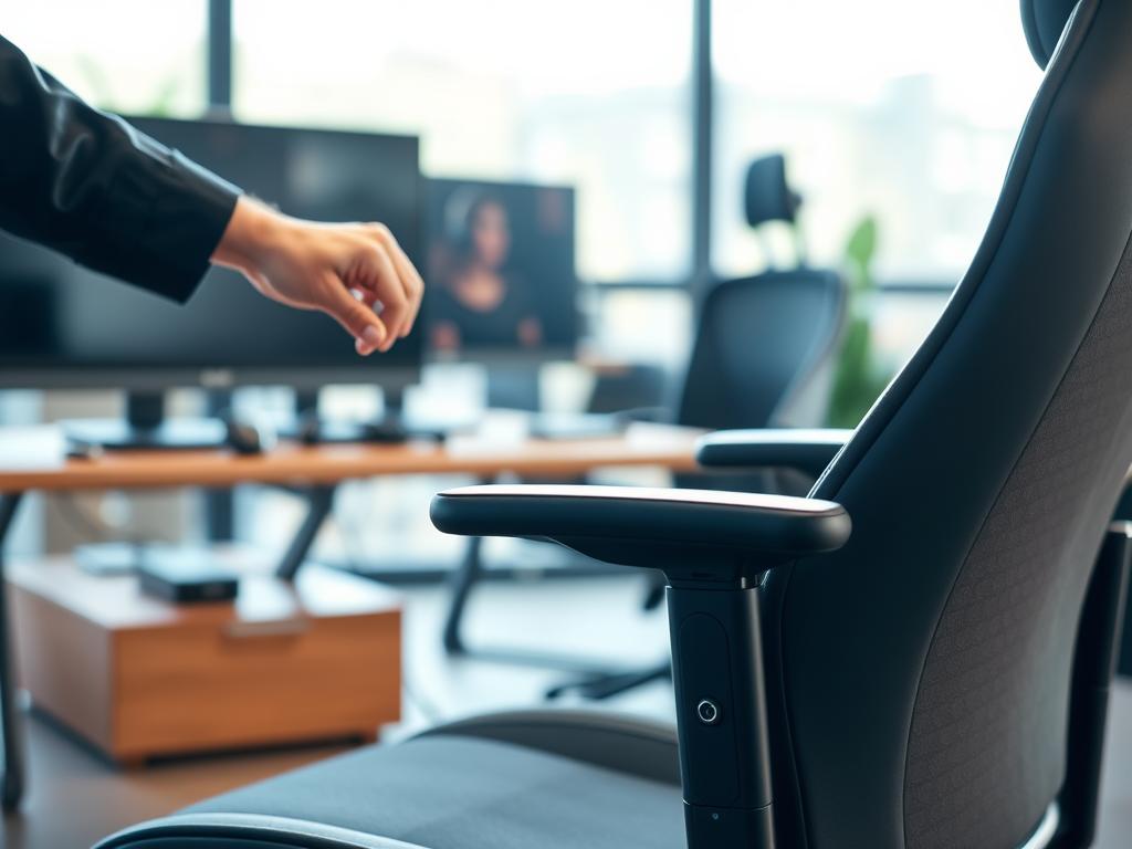 A well-lit indoor workspace featuring a modern ergonomic gaming chair with adjustable seat height and depth settings. In the foreground, showcase the chair with its controls highlighted, demonstrating the adjustment mechanism like levers and knobs. The middle ground can include a focused view of a hand adjusting the seat's height, conveying a sense of user engagement. In the background, softly blurred elements of a stylish gaming setup, including a monitor and gaming peripherals, to provide context without distraction. The lighting should be bright and inviting, emphasizing the chair's design and functionality. Aim for a professional and instructional mood that illustrates comfort and accessibility in ergonomic settings. A well-lit indoor workspace featuring a modern ergonomic gaming chair with adjustable seat height and depth settings. In the foreground, showcase the chair with its controls highlighted, demonstrating the adjustment mechanism like levers and knobs. The middle ground can include a focused view of a hand adjusting the seat's height, conveying a sense of user engagement. In the background, softly blurred elements of a stylish gaming setup, including a monitor and gaming peripherals, to provide context without distraction. The lighting should be bright and inviting, emphasizing the chair's design and functionality. Aim for a professional and instructional mood that illustrates comfort and accessibility in ergonomic settings.