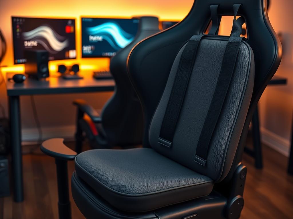 A well-organized workspace featuring a gaming chair with a focus on a high-quality lumbar support cushion. In the foreground, the cushion is prominently displayed, showcasing its ergonomic design, soft fabric, and adjustable straps. The middle ground includes the gaming chair, positioned at a slightly angled view to highlight how the lumbar support integrates seamlessly into the chair. The background shows a modern desk with a gaming setup, including a monitor and keyboard, bathed in warm, ambient lighting that creates a cozy atmosphere. The angle should provide a sense of depth, emphasizing the importance of proper lumbar support. The overall mood should convey comfort, professionalism, and a dedication to quality care in maintaining gaming setup ergonomics. A well-organized workspace featuring a gaming chair with a focus on a high-quality lumbar support cushion. In the foreground, the cushion is prominently displayed, showcasing its ergonomic design, soft fabric, and adjustable straps. The middle ground includes the gaming chair, positioned at a slightly angled view to highlight how the lumbar support integrates seamlessly into the chair. The background shows a modern desk with a gaming setup, including a monitor and keyboard, bathed in warm, ambient lighting that creates a cozy atmosphere. The angle should provide a sense of depth, emphasizing the importance of proper lumbar support. The overall mood should convey comfort, professionalism, and a dedication to quality care in maintaining gaming setup ergonomics.