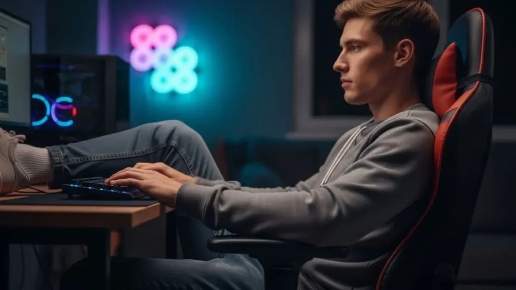 A sleek and modern Aerocool EVO Thunder X4 gaming chair stands prominently in the foreground, showcasing its unique Air Tech ventilation system. The chair features a compact design with a bold color palette of black and electric blue accents, emphasizing its ergonomic contours. In the middle ground, a stylish gaming setup is displayed, including a high-tech computer monitor and RGB backlighting, enhancing the gaming ambiance. The background consists of a stylish, minimalistic room, softly illuminated by warm, ambient lighting that highlights the chair's features. The scene conveys a mood of comfort and modernity, inviting viewers to envision an ergonomically designed space for gaming enthusiasts. Capture the image from a dynamic angle that showcases the chair's height and form, while creating a sense of depth and engagement. Conforto na Cadeira Gamer