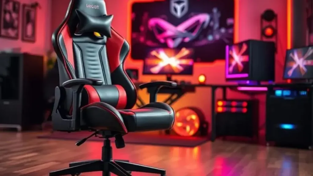 A stylish ergonomic gaming chair designed for entry-level gamers, featuring a comfortable lumbar support system. The chair has a sleek black and red color scheme with high-quality synthetic leather upholstery. In the foreground, focus on the chair, showcasing its adjustable armrests and a sturdy, five-point base with smooth-rolling wheels. In the middle background, display a well-lit modern gaming setup, including a desktop computer and vibrant RGB lighting, creating an engaging atmosphere for gamers. The lighting should be soft yet bright, highlighting the chair's contours, while warm tones create a welcoming feeling in the space. The overall mood should convey excitement and comfort, appealing to beginners looking for their first gaming chair without any text or additional distractions. Modelos de Entrada de Cadeiras Gamer