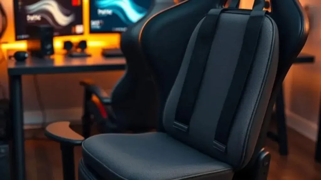 A well-organized workspace featuring a gaming chair with a focus on a high-quality lumbar support cushion. In the foreground, the cushion is prominently displayed, showcasing its ergonomic design, soft fabric, and adjustable straps. The middle ground includes the gaming chair, positioned at a slightly angled view to highlight how the lumbar support integrates seamlessly into the chair. The background shows a modern desk with a gaming setup, including a monitor and keyboard, bathed in warm, ambient lighting that creates a cozy atmosphere. The angle should provide a sense of depth, emphasizing the importance of proper lumbar support. The overall mood should convey comfort, professionalism, and a dedication to quality care in maintaining gaming setup ergonomics. ajuste lombar cadeira gamer