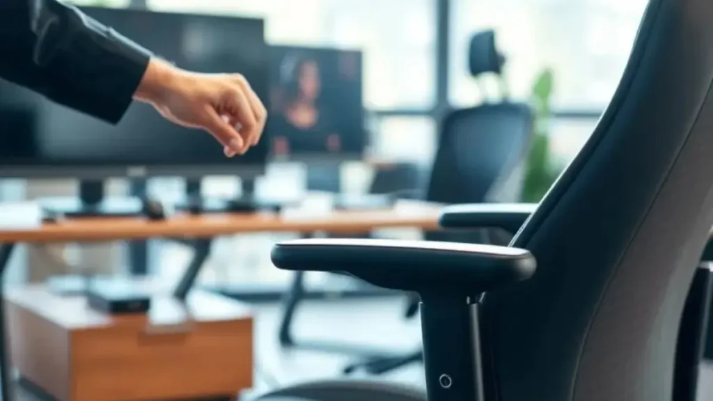 A well-lit indoor workspace featuring a modern ergonomic gaming chair with adjustable seat height and depth settings. In the foreground, showcase the chair with its controls highlighted, demonstrating the adjustment mechanism like levers and knobs. The middle ground can include a focused view of a hand adjusting the seat's height, conveying a sense of user engagement. In the background, softly blurred elements of a stylish gaming setup, including a monitor and gaming peripherals, to provide context without distraction. The lighting should be bright and inviting, emphasizing the chair's design and functionality. Aim for a professional and instructional mood that illustrates comfort and accessibility in ergonomic settings. apoio lombar cadeira gamer