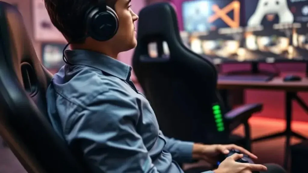 A focused view of a gamer sitting in an ergonomic gaming chair with built-in lumbar support, showcasing how the support contours to the natural shape of the spine. The foreground features the gamer, dressed in a smart casual shirt and relaxed posture, with hands on a gaming controller. In the middle ground, details of the ergonomic chair highlight the adjustable lumbar support cushion, emphasizing its design for comfort and improved posture. The background depicts a modern gaming setup, softly illuminated by ambient lighting, creating an immersive atmosphere. The overall mood conveys a sense of concentration and performance enhancement, illustrating the importance of lumbar support in gaming sessions, captured with a slight angled perspective to highlight the chair's features effectively. apoio lombar ergonomico gamer