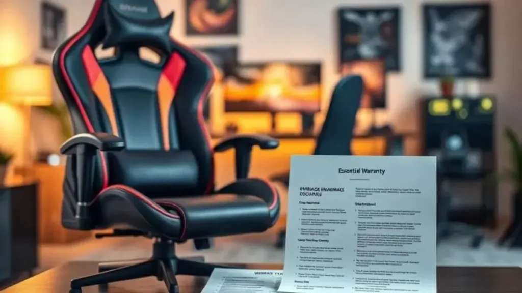 A sleek ergonomic gaming chair positioned prominently in the foreground, showcasing its modern design with adjustable armrests and vibrant colors. In the middle ground, essential warranty documents are neatly arranged beside the chair, with bullet points highlighting coverage details, printed in a clean, professional font. The background features a softly blurred home office environment, including a stylish desk and gaming setup, illuminated by warm, ambient lighting that creates an inviting atmosphere. The scene is captured from a slightly elevated angle, emphasizing both the chair and documents, with a focus on clarity and professionalism. The mood is informative and engaging, ideal for conveying the significance of warranty coverage for ergonomic gaming chairs. assistencia tecnica cadeira gamer