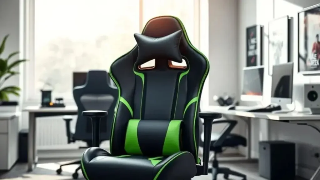 A highly ergonomic gaming chair, the Comfy Flexy Uni, showcased prominently in a modern, well-lit office environment. In the foreground, the chair features a plush, adjustable headrest, lumbar support, and padded armrests, colorfully designed with a blend of dark blue and vibrant green accents. The seat rests on a sleek, rotating base, highlighting its versatility. In the middle ground, soft natural light filters in through a large window, casting gentle shadows and enhancing the inviting atmosphere. The background offers a tastefully arranged workspace with gaming accessories, a sleek desk, and motivational artwork on the walls. The overall mood is one of comfort and productivity, perfect for gamers who value both style and functionality. cadeira comfy flexy uni vale a pena