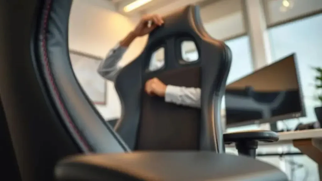 A close-up of a high-quality gaming chair in a well-lit, modern workspace, showcasing its durable materials like breathable mesh and reinforced stitching. The foreground features a focus on the chair’s armrests and lumbar support, highlighting ergonomic design. In the middle ground, a subtle reflection of a person in professional attire is seen adjusting the chair, symbolizing maintenance and care. The background includes a neatly organized desk with gaming accessories and soft ambient lighting, creating a mood of professionalism and comfort. The angle captures the chair from a slight low perspective to emphasize its stature and craftsmanship, instilling a sense of durability and elegance in the scene. cadeira ergonomica para dores na coluna