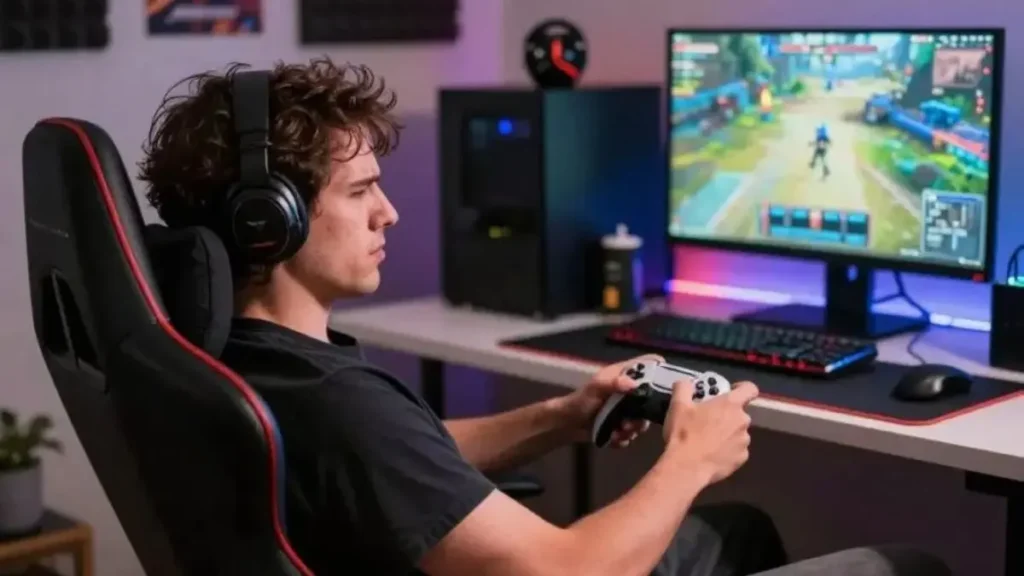 A focused gamer in a modern, ergonomic gaming chair, showing signs of discomfort due to long gaming sessions. The foreground features a close-up of the gamer’s slouched posture, hands gripping a gaming controller, with furrowed brows showcasing concentration. In the middle ground, a bright desk adorned with gaming paraphernalia, a computer screen displaying an intense game, and ambient LED lighting creating a vibrant yet slightly tense atmosphere. The background includes a cozy room setting, with soundproof foam panels and motivational posters on the wall. Soft, diffused lighting enhances the mood, while a shallow depth of field emphasizes the gamer's posture. Capture the intricate details of the chair's support structures and the subtle wear on the gaming setup, reinforcing the impact of excessive gaming on posture. cadeira ergonomica para estudar por horas