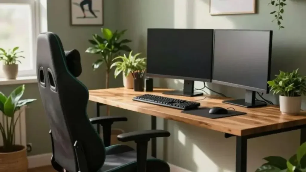 A serene and inviting workspace focused on long-term health care, featuring an ergonomic gamer chair at the forefront, equipped with adjustable armrests and lumbar support. In the middle, a sleek wooden desk holds a modern computer setup with dual monitors, surrounded by green indoor plants that enhance air quality. The background shows a soft-lit home office environment, with natural light streaming through a window, casting gentle shadows. A motivational poster about health and fitness hangs on the wall, reinforcing the theme of wellness. The atmosphere is calm and productive, inviting viewers to imagine a healthier, comfortable workspace ideal for programmers. A subtle color palette of greens and earth tones contributes to a soothing mood. cadeira ergonomica para programar por horas