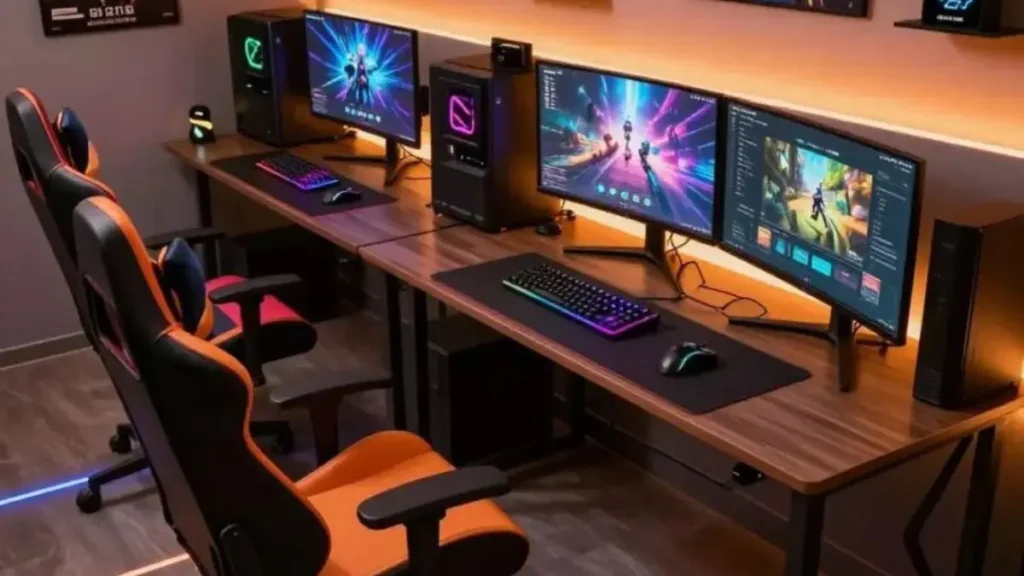 A sleek, modern gaming chair designed with ergonomic contours and high-quality materials, featuring bold colors like deep blue and silver accents. The chair is positioned in an inviting home office setting that blends style and function. In the foreground, the chair showcases its adjustable features and lumbar support, while a stylish desk with a futuristic computer setup fills the middle ground. In the background, soft ambient lighting creates a cozy atmosphere, complemented by greenery and decorative elements to enhance the aesthetic appeal. The focus is on the chair, capturing its elegance and versatility, evoking a sense of comfort and productivity, suitable for both gaming and professional environments. cadeira ergonomica para trabalhar em casa conforto