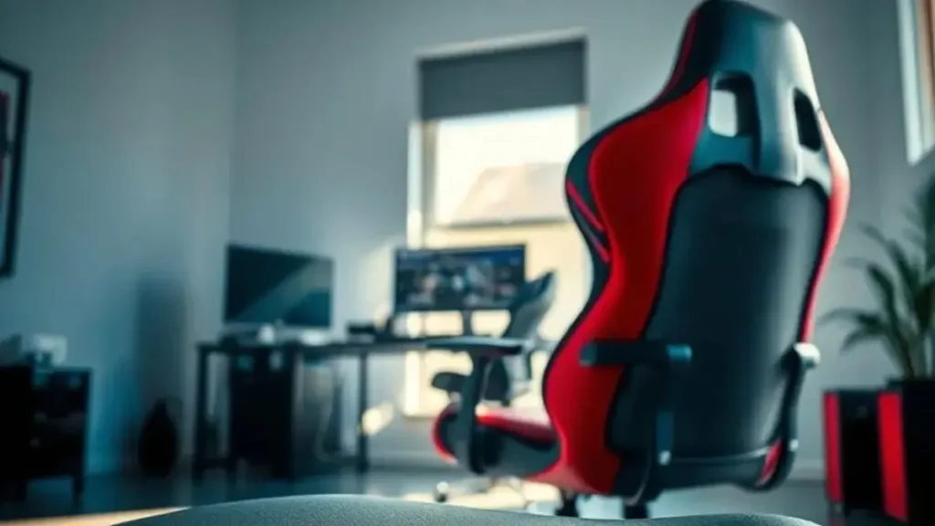 A modern gaming chair is prominently displayed in a well-lit, minimalist room. The chair is designed with a sleek mesh backrest allowing for breathability, paired with vibrant synthetic leather upholstery in black and red accents. The ergonomic shape supports the posture while emphasizing comfort and style. In the foreground, close-up details showcase the stitching and texture of the materials, highlighting the quality finish. The middle area features a slightly blurred view of a desktop with gaming accessories, creating a tech-savvy ambiance. Soft, diffused natural light streams in from a nearby window, casting gentle shadows, while cool ambient lighting enhances the gaming theme. The overall atmosphere conveys sophistication and modernity, ideal for professional gamers. cadeira gamer até 1000 custo beneficio