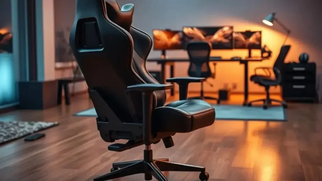 A sleek, modern gaming chair in the foreground, featuring ergonomic design elements like adjustable armrests, lumbar support, and a stylish racing-inspired aesthetic. The chair is positioned on a polished wooden floor, with hints of plush carpet underneath, suggesting a high-end gaming environment. In the middle ground, display a well-organized, stylish workspace with a gaming desk, a high-end monitor, and gaming accessories like a mechanical keyboard and headset, all subtly reflecting a professional atmosphere. The background shows soft, ambient lighting that casts a warm glow, enhancing the focus on the chair and workspace. The overall mood is inviting and aspirational, capturing the essence of a gamer’s sanctuary designed for comfort and productivity. cadeira gamer barata boa para começar