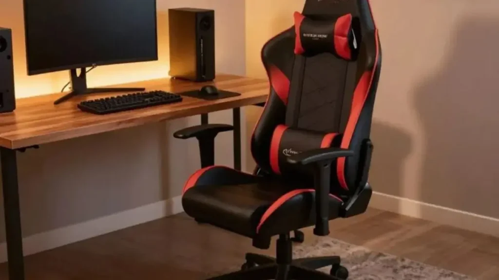 A sleek and modern gamer chair sits prominently in a stylish home office setting. The foreground features the ergonomic chair in a vibrant color, showcasing its adjustable features and comfortable cushioning. To the left, a contemporary wooden desk holds a high-end gaming setup, including a curved monitor and keyboard. In the background, warm ambient lighting enhances the atmosphere, with soft shadows cast on the walls. The entire scene is captured from a slightly elevated angle to highlight the chair's design and functionality. The mood is inviting and inspiring, perfect for gamers looking to enhance their workspace with ergonomic seating solutions. Ensure the image remains free of any text, logos, or watermarks. cadeira gamer compacta ergonomica para quarto pequeno