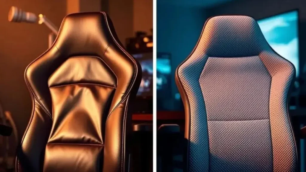 A side-by-side comparison image displaying a gamer chair made of synthetic leather and another made of breathable fabric. In the foreground, two chairs are prominently featured: the left chair is sleek and shiny, showcasing its synthetic leather upholstery with detailed stitching and a modern design; the right chair has a textured, breathable fabric covering, emphasizing comfort and airflow. The middle ground displays labels indicating "Synthetic Leather" and "Breathable Fabric," while the background is softly blurred, hinting at a cozy gaming setup with dim lighting. The atmosphere conveys a sense of professionalism and focus, suitable for a guide on ergonomic gaming chairs. The lighting is warm and inviting, highlighting the unique features of each material. cadeira gamer custo-benefício