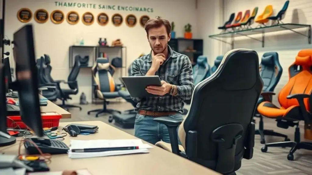 A visually engaging image depicting common mistakes when choosing an affordable gaming chair. In the foreground, showcase a cluttered desk with a sleek but poorly designed gaming chair, emphasizing its lack of ergonomic features. The middle ground should feature a thoughtful individual, dressed in modest casual attire, examining a gaming chair's specifications on a laptop with a confused expression. In the background, display a well-lit room filled with options of ergonomic gaming chairs, highlighting various styles and colors, with a shelf showcasing awards for comfort and design. The lighting should be bright and inviting, creating a sense of clarity, as if providing guidance on making the right choice. The atmosphere should evoke a mix of concern and hopefulness, illustrating the importance of selecting the right chair for gaming comfort. cadeira gamer custo beneficio ergonomica