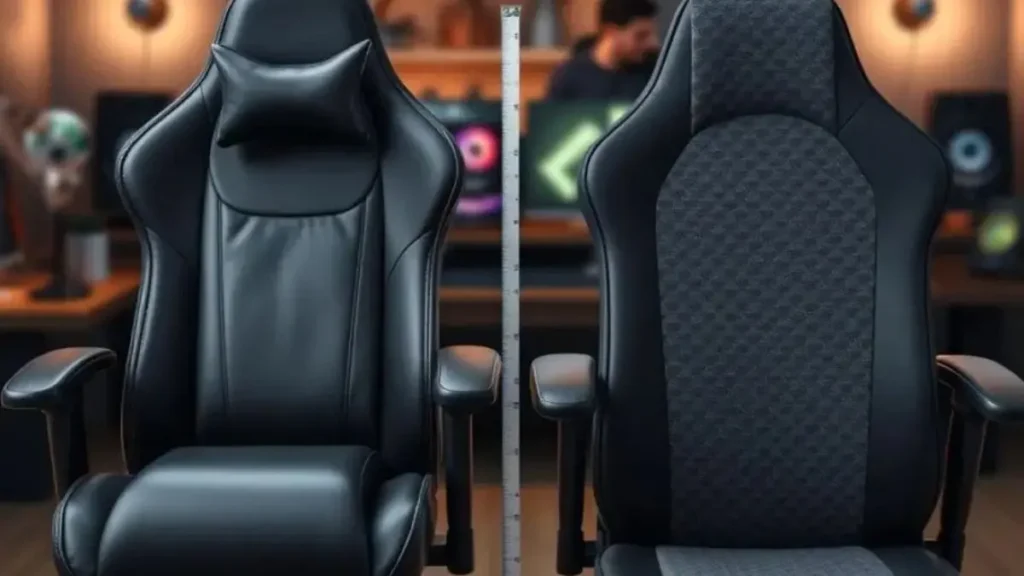 A detailed side-by-side comparison of a PU leather gaming chair and a breathable fabric gaming chair, showcasing their unique materials and designs. In the foreground, prominently feature the PU leather chair with its glossy finish and ergonomic features, including adjustable armrests and a high back. Next to it, the breathable fabric chair, highlighting its textured surface and ventilation mesh. The middle ground should include subtle details like a measuring tape for scale. The background is a softly blurred gaming setup with ambient lighting emphasizing a cozy atmosphere. Use a slight overhead angle to capture both chairs, conveying a professional yet inviting mood to engage the viewer in the comparison of these two gaming chair options. cadeira gamer custo beneficio para iniciantes