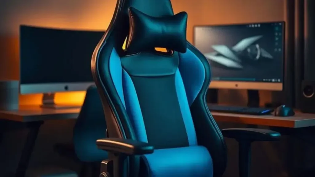 A budget-friendly gaming chair featuring plush lumbar and cervical cushions, designed for ergonomic support. The chair is positioned in a cozy, dimly-lit home office setup, with a sleek wooden desk and a modern computer monitor in the background. Soft, warm lighting gently highlights the contours of the chair, emphasizing its comfortable design. The chair's upholstery is a vibrant blue and black, contrasting with the neutral tones of the room. A stylish gaming mouse and keyboard sit neatly on the desk, adding to the atmosphere. The overall mood is inviting and focused, perfect for extended gaming or work sessions. The composition captures the chair at a slight angle, showcasing its features without any text, watermarks, or logos. cadeira gamer ergonomica barata para pouco orçamento
