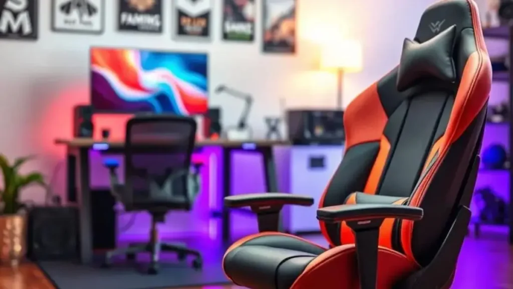 A durable gaming chair designed for longevity, featuring a sleek ergonomic shape with vibrant colors and adjustable components. The chair is shown prominently in the foreground, highlighting its high-quality materials, reinforced stitching, and soft cushioning. In the middle ground, there is a tidy gaming setup with a modern desk, an active gaming monitor, and RGB lighting that creates a dynamic atmosphere. The background is softly blurred to enhance focus on the chair, featuring a subtle hint of a cozy game room with posters and accessories. Warm, soft lighting complements the scene, creating a welcoming and professional mood, suggesting care and regular maintenance. The image is captured with a shallow depth of field to draw attention to the chair while providing context in the environment. cadeira gamer ergonomica custo beneficio 2026