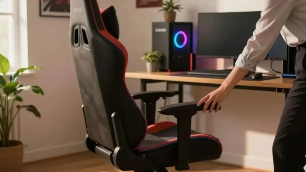 A modern, ergonomic gaming chair sits prominently in the foreground, featuring vibrant color accents and plush cushioning designed for maximum comfort. Adjustments are demonstrated, including reclining features and adjustable armrests. A person in professional attire, slightly turned towards the chair, is shown adjusting the seat height, embodying a keen focus on personal comfort. In the middle ground, a softly-lit room enhances the atmosphere with warm tones, highlighting a sleek gaming setup consisting of a desk with a monitor and colorful RGB lighting. The background showcases motivational posters and plants, creating a relaxed yet productive ambiance. Soft morning light filters through a window, casting gentle shadows to enrich the scene’s inviting, focused mood. cadeira gamer ergonomica duravel custo beneficio