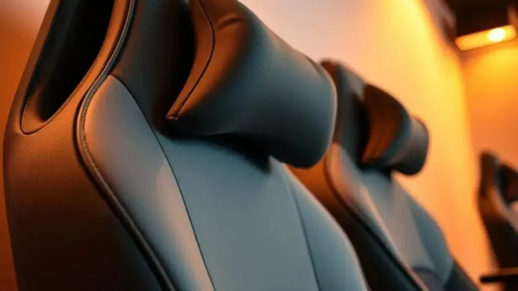 A close-up view of ergonomic gaming chair armrests and headrests, showcasing their comfort and performance features. The armrests are plush, padded with soft fabric, and adjustable, angled slightly inwards to illustrate ergonomic design. The headrest is contoured, supporting the neck with firm cushioning, all set against a softly illuminated background that highlights the curve and texture of the chair. The lighting is warm, enhancing the inviting and comfortable atmosphere, and it's shot from a low angle to emphasize the stature and design quality of the chair. No text or markings present, creating a clean, focused image that conveys both style and functionality. cadeira gamer ergonomica para iniciante
