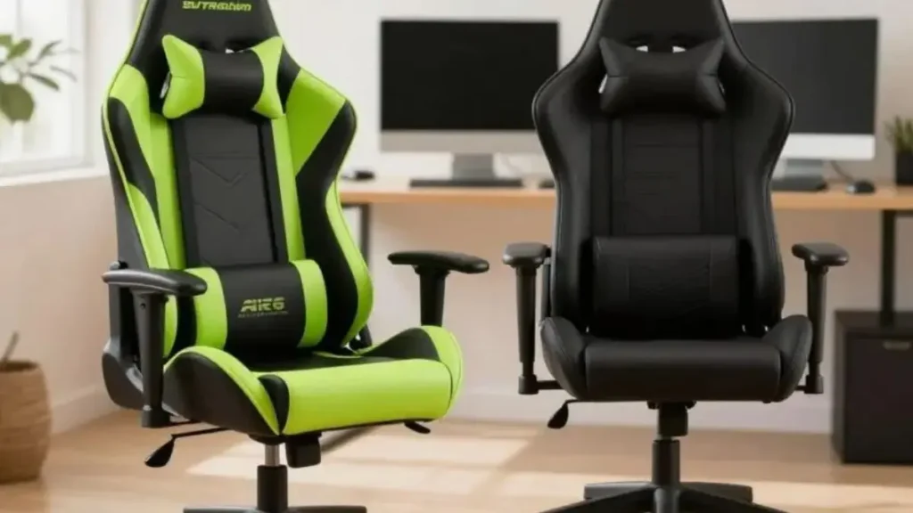 A vibrant and informative comparison image showcasing a gaming chair and an office chair side by side. In the foreground, the gaming chair is sleek and modern, featuring vivid colors like neon green and black with ergonomic design elements like reclining capabilities and supportive cushions. Next to it, the office chair appears sophisticated and professional, made of high-quality materials in a classic black with understated elegance, showcasing lumbar support and adjustable armrests. The middle ground includes a desk setup with a computer, keyboard, and mouse, reflecting a minimalist aesthetic. The background is softly blurred, hinting at an inviting home office environment with warm, natural lighting. Capture the contrast in style and function, conveying a mood of productivity and comfort. Focus on a clear perspective that highlights the features and usability of both chairs without any text or distractions. cadeira gamer ergonomica para setup