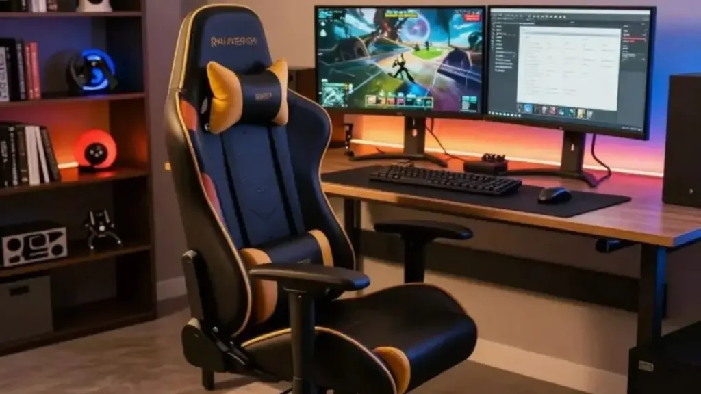 A stylish gaming chair is prominently featured in the foreground, showcasing an ergonomic design with vibrant color accents and adjustable armrests. The chair is set against a modern workspace, complete with a sleek gaming desk, dual monitors displaying game graphics and study materials. Soft ambient lighting casts a warm glow throughout the room, emphasizing the blend of comfort and style. In the background, a neatly arranged bookshelf with gaming paraphernalia and colorful accents complements the decor. The scene is captured from a slightly elevated angle, enhancing the depth of the workspace. The overall atmosphere is inviting and conducive to both study and gaming, reflecting a harmonious integration of design and functionality. cadeira gamer para estudantes