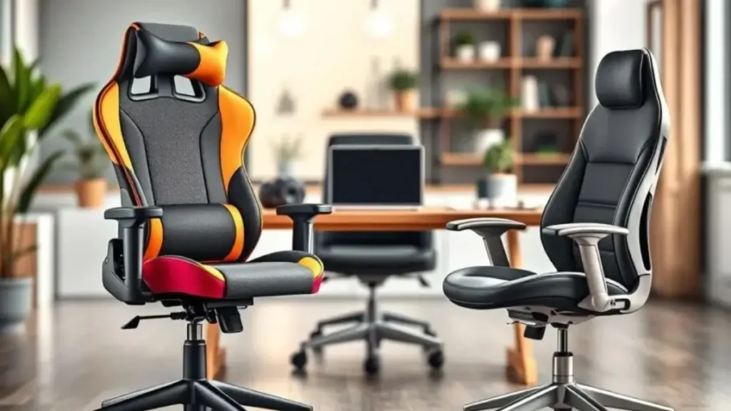 A high-quality image featuring a side-by-side comparison of ergonomic office chairs and gaming chairs in a modern office environment. In the foreground, showcase the Comfy Flexy Uni gaming chair on the left, detailed with its vibrant colors, adjustable features, and breathable material. On the right, place a sleek ergonomic office chair, designed for comfort with a minimalist aesthetic. The middle ground should have a smooth wooden desk with a laptop and office essentials, creating a tech-savvy atmosphere. In the background, softly blurred office décor such as plants and shelves, with soft, natural lighting illuminating the scene. The mood should be professional yet inviting, emphasizing the functionality and aesthetic appeal of both chair types. comfy flexy uni analise ergonomia e conforto