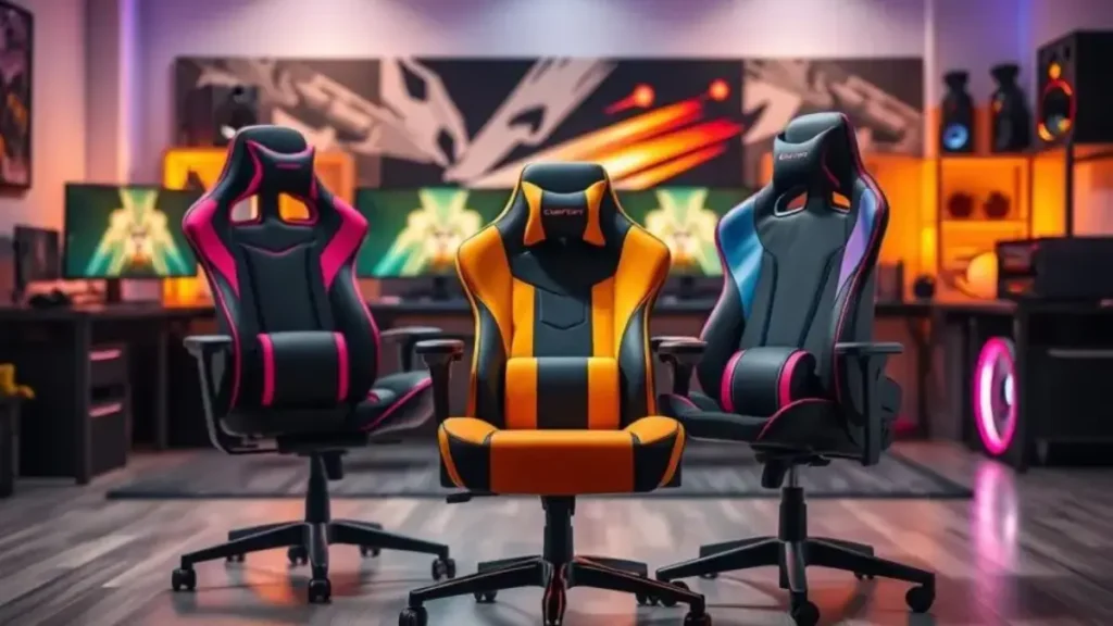 A visually striking scene showcasing a side-by-side comparison of ergonomic gaming chairs in a modern, stylish room. In the foreground, feature the Comfy New Stance Ultra chair prominently, with its sleek design, adjustable features, and vibrant color scheme. Adjacent to it, place two direct competitors, each with distinct styles and color contrasts, emphasizing their unique ergonomic features. The middle ground includes gaming accessories like a high-tech gaming setup, with two monitors and RGB lighting enhancing the ambiance. The background should be softly blurred, featuring subtle details of a cozy gaming den, creating an inviting atmosphere. Use soft, warm lighting to create a professional yet lively mood, with a slight camera angle that captures the essence of gaming culture without any text or branding elements. comfy new stance ultra ergonomia e conforto