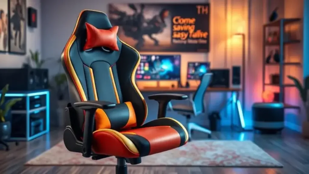 A high-quality image showcasing an ergonomic gaming chair titled "Comfy New Stance Ultra" positioned prominently in the foreground. The chair features a sleek design with a vibrant color scheme, plush cushions, adjustable armrests, and a high back for optimal support. In the middle ground, include an organized gaming setup with a desk, a monitor displaying a gaming interface, and accessories like a headset and keyboard. The background should depict a cozy gaming room ambiance with soft ambient lighting, creating a welcoming atmosphere. Use a slight overhead angle to emphasize the chair's features, ensuring the lighting highlights its contours and textures. The mood conveys comfort, modernity, and a stylish touch, inviting the viewer to consider the chair as a prime choice for gamers seeking ergonomic solutions. comfy new stance ultra vale a pena
