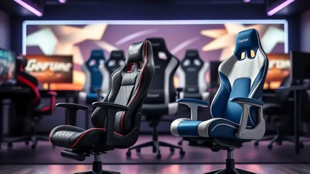 A dynamic comparative image showcasing various ergonomic gaming chairs priced under R$1000. In the foreground, highlight two distinct gaming chairs, one in a sleek black design with red accents and the other in a modern blue and white combo. These chairs should be positioned at an angle to showcase their ergonomic features, including adjustable armrests and lumbar support. In the middle background, slightly blurred, display three additional chairs of different designs and colors, emphasizing variety. The background should be a stylish gaming setup with ambient lighting, enhancing the futuristic atmosphere. Use soft, diffused lighting to create an inviting feel, captured from a slightly elevated angle to provide depth and dimension. The overall mood should be energetic and modern, appealing to gaming enthusiasts. comparativo cadeira gamer até 1000 reais