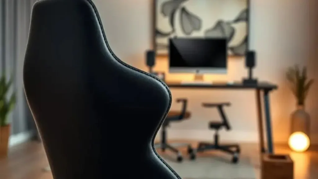 A sleek, ergonomic gaming chair, the "DT3 Nero," prominently featured in the foreground. The chair is designed with an integrated lumbar support system, showcasing its contours and adjustable depth feature. The upholstery is a matte black with subtle texture, reflecting a modern aesthetic. Soft, ambient lighting creates a warm atmosphere, while a slight spotlight highlights the chair’s design details, such as the stitching and adjustable components. In the middle ground, a stylish, minimalistic desk setup with a gaming monitor and keyboard is softly blurred, hinting at a gaming environment. The background is a muted, cozy room with a hint of abstract wall art, emphasizing a professional yet relaxed mood. The image exudes a sense of comfort and functionality, ideal for ergonomic gaming. compra de cadeira gamer