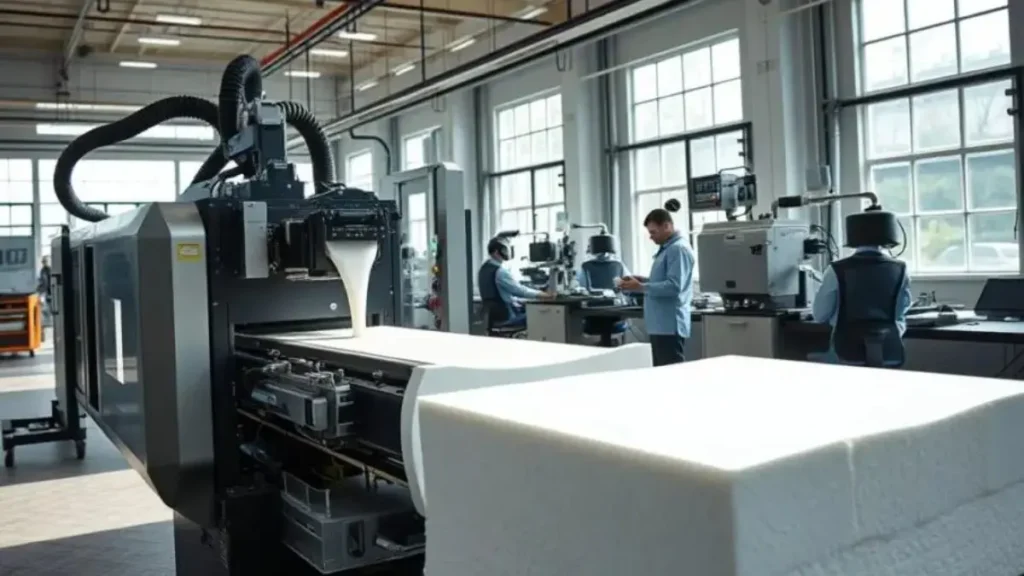 A modern manufacturing facility showcasing the process of injected foam production. In the foreground, a state-of-the-art foam injection machine is actively pouring bright white foam into a mold. In the middle ground, skilled workers in professional attire monitor the operation with precision instruments, ensuring quality control. The background features large windows allowing natural light to illuminate the workspace, creating a clean and efficient atmosphere. The focus is on the dynamic interaction of machinery and craftsmanship, evoking a sense of innovation and technology in foam manufacturing. The lighting is bright yet soft, emphasizing the textures and details of the foam and machinery. The overall mood is industrious and inspiring, reflecting the importance of quality in gaming chair comfort. conforto e suporte cadeira gamer