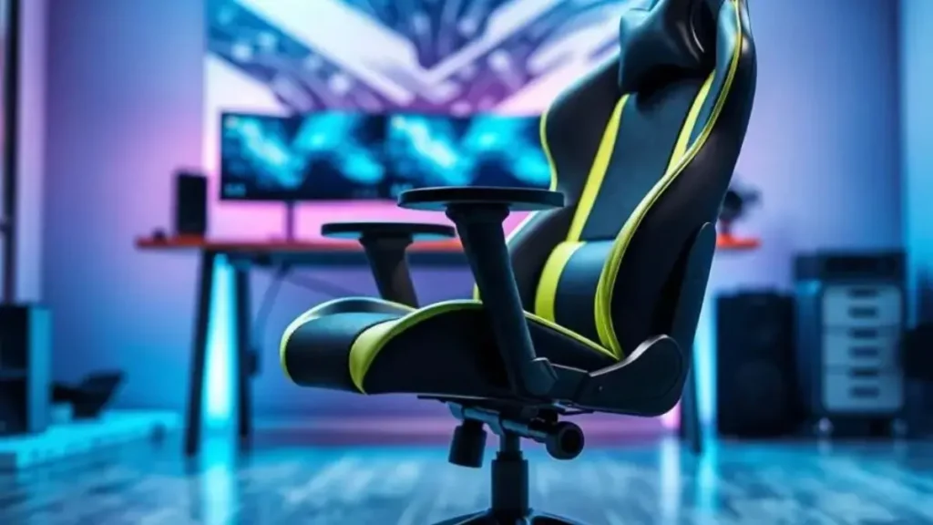 A dynamic and detailed image showcasing a gamer chair with adjustable height and inclination features. In the foreground, a sleek, ergonomic gamer chair is elegantly positioned, highlighting its adjustable components – a lever for height adjustment and a tilt mechanism for inclination. The chair is upholstered in a modern fabric, with a striking color scheme of black and neon green. In the middle ground, a soft-focus gaming desk with a stylish monitor setup complements the scene, suggesting a vibrant gaming environment. The background features ambient lighting in cool tones, creating a motivating atmosphere. Capture the image from a slight low angle to emphasize the chair’s height and functionality, while ensuring the lighting highlights its textures and design. The overall mood is energetic and inviting for gamers. couro ou tecido cadeira gamer