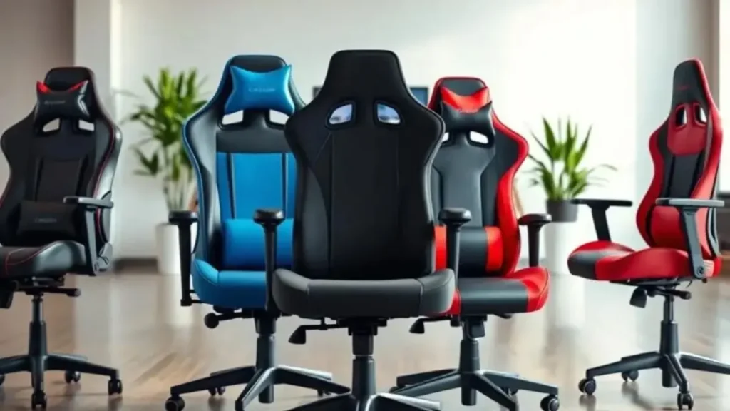 A detailed comparison of ergonomic gaming chairs highlighting their cost-benefit analysis, displayed in a well-lit, modern office setting. In the foreground, showcase three distinct gaming chair models, each with unique designs and colors—one in a sleek black, another in a vibrant blue, and the last in a bold red. These chairs should capture ergonomic features like adjustable armrests, lumbar support, and breathable materials. In the middle ground, include a subtle desk with a high-resolution gaming monitor and a keyboard, suggesting a gaming environment. The background features a minimalist décor with plants and soft lighting to create a calm and professional atmosphere. Use a wide-angle perspective to capture the arrangement, emphasizing the practicality and aesthetic appeal of each chair in the analysis. ergonomia e conforto para pernas