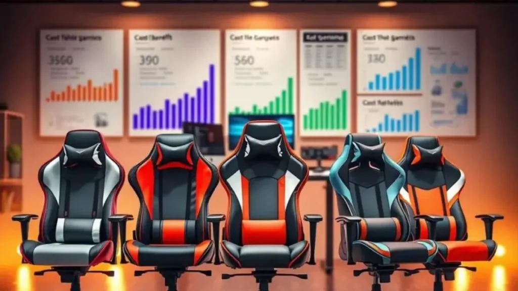A detailed comparison of various gaming chairs arranged in a visually appealing display. In the foreground, showcase three distinct gaming chairs, uniquely designed with vibrant colors and ergonomic features, each labeled with their respective price tags. The middle ground features a sleek and modern desk setup, equipped with a gaming monitor and accessories, creating a realistic gaming environment. In the background, a soft-focus display of graphs and charts depicting cost-benefit analysis adds depth. Use warm, inviting lighting to create a focused yet relaxed atmosphere, with a slight emphasis on highlighting the chairs. The image should evoke a sense of thoughtful decision-making for consumers considering gaming chair purchases. ergonomia em cadeiras