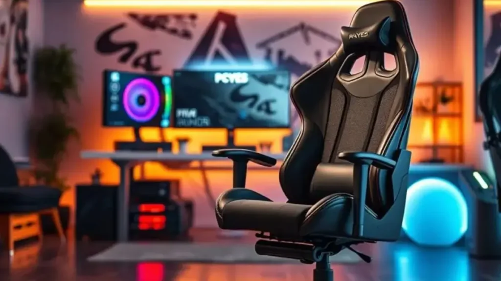 A highly detailed image of the PCYES Mad Racer gaming chair, showcasing its superior ventilation features, perfect for hot climates. The chair should be positioned prominently in the foreground, highlighting its ergonomic design and breathable mesh material. In the middle layer, include a modern gaming setup with a sleek PC, colorful RGB lighting, and gaming accessories to illustrate an immersive environment. The background should feature a stylish gaming room with soft ambient lighting, hinting at a relaxed atmosphere for long gaming sessions. Capture the scene with a dynamic angle, emphasizing the chair's contours and textures. Opt for bright, warm lighting to convey a sense of energy and comfort in the space. cadeira gamer custo-benefício
