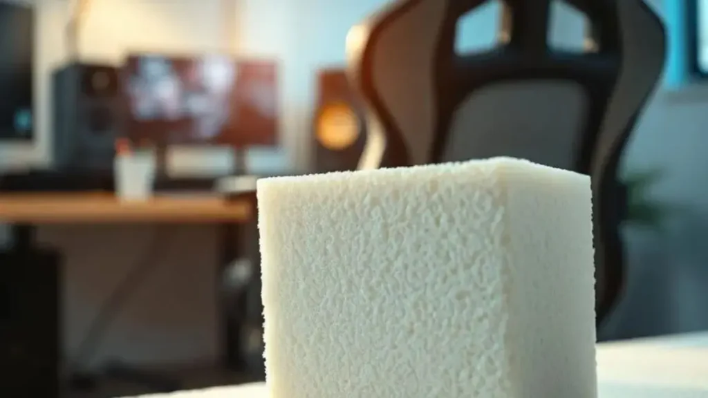 A close-up view of high-density foam used in ergonomic gaming chairs, showcasing its texture and structure. In the foreground, focus on a slice of the foam, revealing its intricate cell structure, with soft natural lighting highlighting the different density layers. The middle ground features a sleek, modern gaming chair with visible foam in the seat and backrest, emphasizing comfort and support. In the background, blurred gaming accessories and a stylish desk setup create a cozy gaming ambiance. The overall mood is professional yet inviting, capturing the essence of comfort in gaming. Use a shallow depth of field to enhance the highlight on the foam, and opt for a warm color palette to evoke a sense of relaxation and ergonomics. espuma alta densidade cadeira gamer