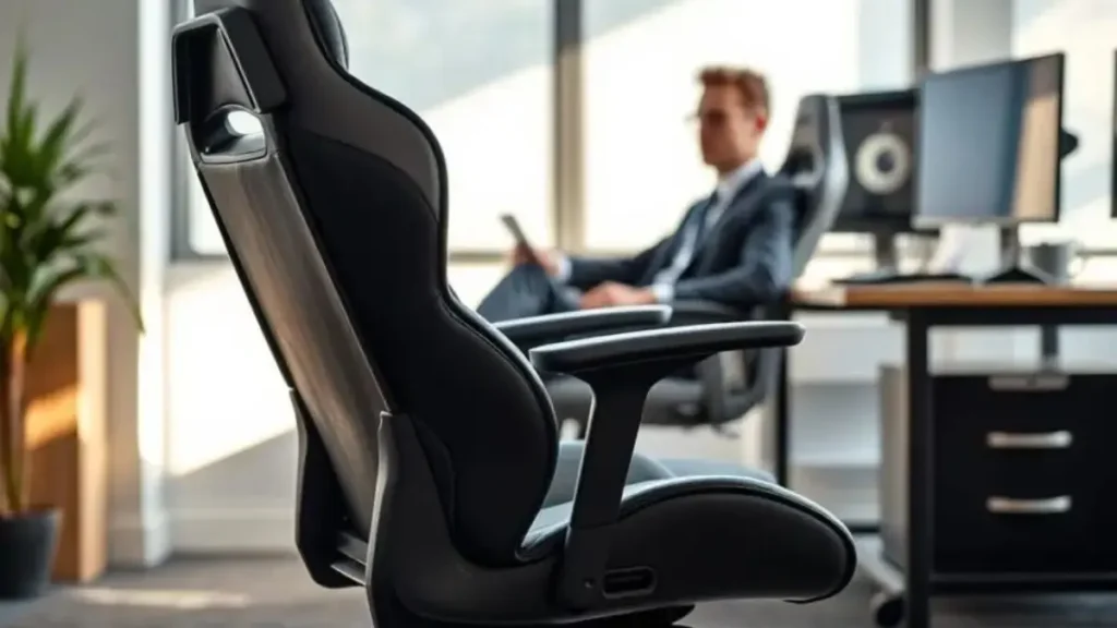 A well-designed ergonomic gaming chair prominently displayed in an office environment, showcasing essential adjustments for optimal comfort. In the foreground, the chair features adjustable armrests, a reclining backrest, and lumbar support, all clearly highlighted. In the middle ground, a professional-looking person dressed in smart casual attire sits comfortably in the chair, demonstrating the proper posture with feet flat on the floor and hands on the desk. The background depicts a clean, modern office space with soft, natural lighting filtering through a window, casting gentle shadows, creating a serene atmosphere. A subtle focus on the details of the chair’s materials and stitching adds depth, emphasizing quality. The overall mood is calm and focused, ideal for promoting healthy gaming or work habits. evitar dores na cadeira gamer