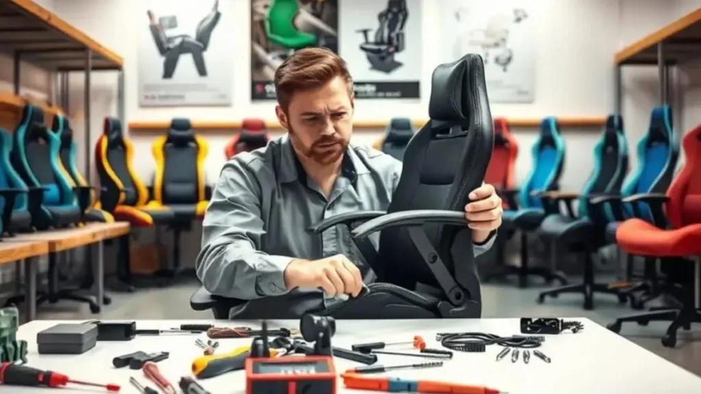 A professional technician in a modern workshop is seated at a workbench, focusing intently on repairing a gaming chair. The foreground features various tools like screwdrivers, a multimeter, and replacement parts scattered around. In the middle ground, the technician is dressed in a neat, modest work uniform, displaying a focused expression as they examine the chair's components. The background showcases shelves lined with gaming chairs in various colors and styles, along with posters of ergonomic design concepts. The lighting is bright and high-contrast to create a clean, functional atmosphere, emphasizing the meticulous nature of the repair process. The image conveys a sense of professionalism and expertise in technical assistance for ergonomic gaming chairs. garantia e durabilidade cadeira gamer