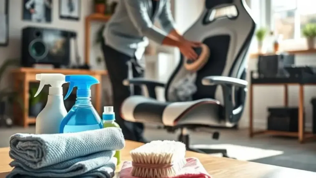 A modern, ergonomic gaming chair set in a well-lit room. In the foreground, various cleaning tools are neatly arranged, including microfiber cloths, a soft brush, and eco-friendly cleaning solutions. The middle ground features the gaming chair being meticulously cleaned, showcasing deep cleaning techniques—a person dressed in professional attire using a brush on the chair's fabric, demonstrating care and precision. The background displays a tidy room with gaming paraphernalia, adding a touch of personality without distraction. Natural sunlight streams through a window, creating a warm and inviting atmosphere, highlighting the chair's contours and the sheen of freshly cleaned surfaces. The focus is sharp, emphasizing the cleaning process while maintaining a serene mood. higienizacao cadeira gamer