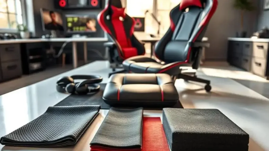 A close-up view of various materials used in ergonomic gaming chairs laid out on a sleek, modern surface. The foreground features samples of breathable mesh fabric, smooth vegan leather, and high-density foam padding, showcasing their textures and colors in detail. The middle section displays a half-assembled gaming chair, highlighting the contrasting materials used for the seat and backrest, with rich tones of black and red. In the background, a softly illuminated workspace with gaming accessories sets a gaming atmosphere, while natural light spills in from a window, casting gentle shadows. The image should evoke a sense of professionalism and sleekness, ideal for a technical guide on gaming chair materials. limpeza cadeira gamer ergonomica