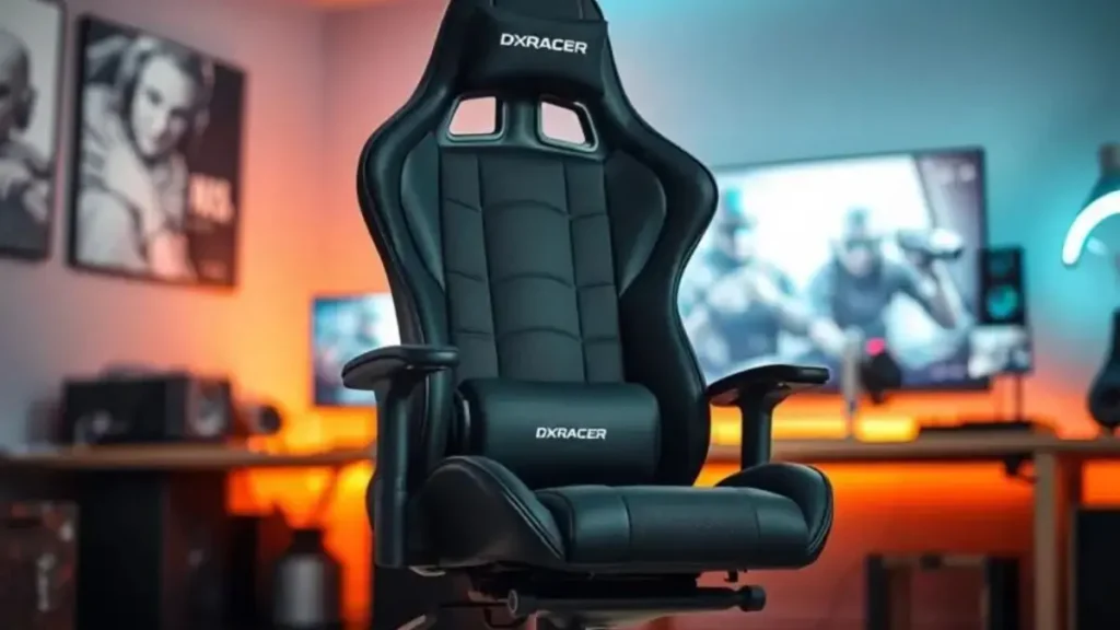 A sleek and affordable gaming chair with excellent reviews, designed for maximum ergonomic comfort. The chair has a modern aesthetic, featuring a breathable mesh backrest, adjustable armrests, and a sturdy base with smooth-rolling casters. In the foreground, the chair is centered with a slight tilt, showcasing its cushioning and support features. The middle ground includes a minimalistic, well-lit room with a desk set up for gaming, a high-end monitor, and RGB lighting accents in soft blue. The background features a blurred bookshelf filled with gaming accessories. The lighting is soft and inviting, creating a cozy yet professional atmosphere, enhancing the chair's appeal as a budget-friendly choice for gamers. The angle is slightly above eye level, emphasizing the chair’s ergonomic design, and ensuring a clean, distraction-free composition. melhor cadeira gamer