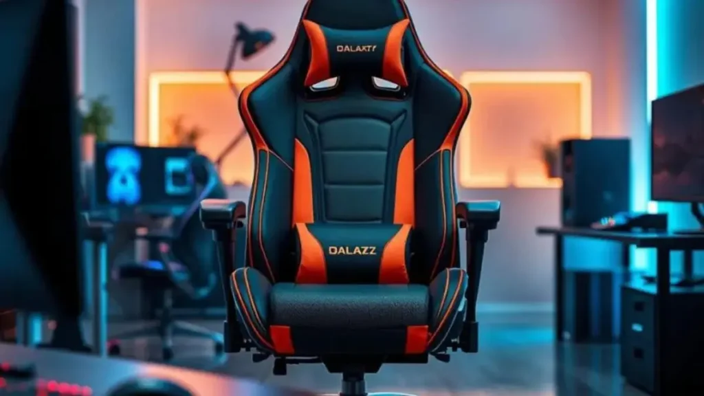 A sleek and modern "Galaxy Thunder" gaming chair by Dazz, featuring ergonomic design with premium lumbar and cervical support. The chair is depicted in a contemporary gaming setup, with a stylish gaming desk and high-tech accessories in the foreground. In the middle, the chair stands out with bold colors and intricate stitching details, showcasing its robust build and comfort features. The background includes a softly lit room with ambient LED lights, creating an inviting and focused atmosphere ideal for gamers. The image is captured from a slight angle to highlight the chair's contours and functionality, with a soft focus on the surrounding elements to emphasize the main subject. melhor cadeira gamer até 1000 reais