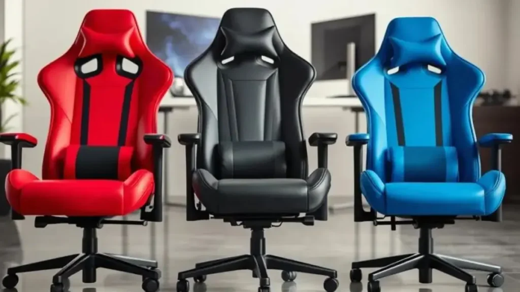 A vibrant and informative composition showcasing top-rated gaming chairs that offer excellent cost-benefit, emphasizing ergonomic design and modern aesthetics. In the foreground, feature three stylish gaming chairs in various colors—bold red, sleek black, and electric blue—aligned on a polished floor. The middle ground should have a well-lit display showcasing the ergonomic features, like lumbar support and adjustable armrests, highlighting their comfort and sophistication. In the background, softly blurred, include a minimalist gaming setup with a high-end monitor and peripherals to suggest a gamer’s environment. Use bright, natural lighting to create an inviting atmosphere, focusing on the chairs' details. The shot should be from a slight angle to give depth, framed to suggest a professional yet engaging space, ideal for a gaming enthusiast. melhor cadeira gamer custo beneficio ergonomica