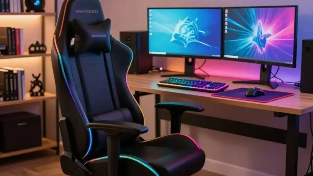 A modern gaming workspace showcasing the latest trends and innovations in the gaming market. In the foreground, sleek ergonomic gaming chairs in vibrant colors, highlighting their ergonomic features like adjustable armrests and lumbar support. In the middle, a high-tech gaming desk with multiple monitors displaying dynamic graphics and game interfaces, alongside gaming peripherals like mechanical keyboards and RGB mice. In the background, a stylish room with ambient LED lighting, decorated with gamified elements like posters, collectibles, and smart technology. The scene is illuminated with warm, inviting lighting, creating an atmosphere of productivity and creativity. The angle is slightly elevated to capture the entire setup, emphasizing the integration of gaming and work. melhor cadeira gamer ergonomica para home office