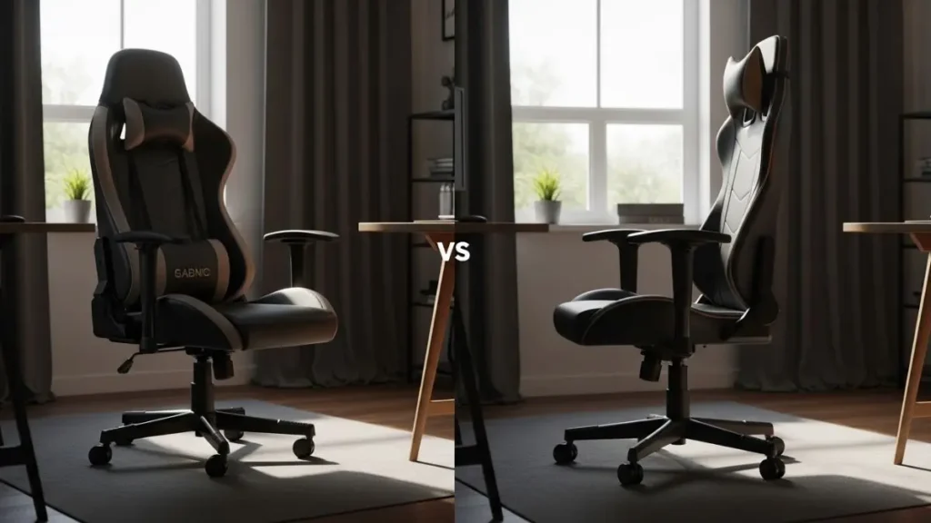 A sleek DXRacer Nex Max gaming chair with a robust steel frame and premium finish, prominently positioned as the focal point. The chair features ergonomic curves, high-quality fabric, and subtle branding, showcasing a blend of comfort and style. In the background, a modern gaming setup with RGB lighting casts a warm glow, enhancing the chair's aesthetic appeal. Soft, diffused lighting illuminates the chair, highlighting its textures and details. A blurred environment of a stylish gaming room includes a large monitor and gaming peripherals, creating an immersive atmosphere. Capture the image from a slight angle to convey depth, emphasizing the chair's structure and premium features, with a focus on elegance and sophistication. The overall mood is dynamic and inviting, perfect for a gaming enthusiast's space. melhores cadeiras gamer
