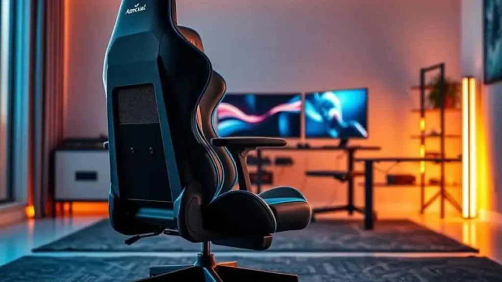A sleek ergonomic gamer chair with a footrest, set in a modern gaming environment. The chair features a high back with lumbar support, adjustable armrests, and a vibrant color palette of black and neon green. It is positioned prominently in the foreground, showcasing its cushioning and design. The background includes a stylish gaming setup with a large screen and ambient LED lighting that casts a soft glow, enhancing the cool atmosphere. The scene is captured from a slight angle to emphasize the chair's curves and functionality, with warm and inviting lighting that suggests a comfortable gaming experience. The overall mood is dynamic and aspirational, appealing to avid gamers looking for comfort and style. melhores cadeiras gamer