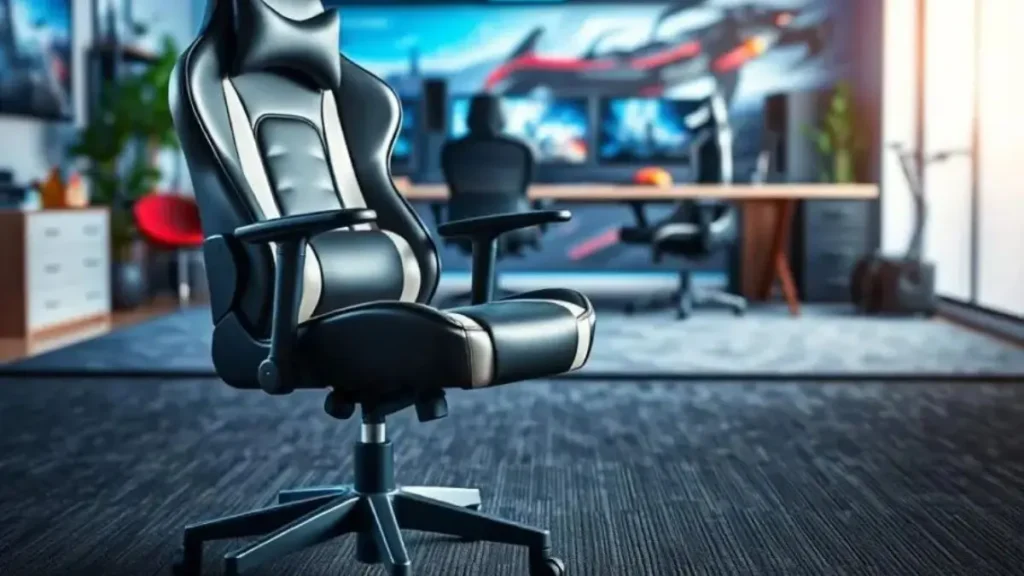 A dynamic image showcasing gamer chairs emphasizing their mobility and performance. In the foreground, focus on a sleek, ergonomic gamer chair with smooth, sturdy caster wheels, exemplifying superior design. The chair should be positioned at a slight angle, allowing a view of its contours and high-quality materials. In the middle ground, depict a spacious gaming setup with a desk, monitor, and accessories, highlighting how the chair fits seamlessly into an engaging gaming environment. The background should feature a softly blurred game-themed room, enhancing the overall atmosphere. Use bright, focused lighting to accentuate the chair's features and create a vibrant, energetic mood, ideal for a gaming enthusiast. The composition should be dynamic and visually captivating, emphasizing the chair’s operational efficiency without any distractions or text. melhores cadeiras gamer até 1000 custo beneficio