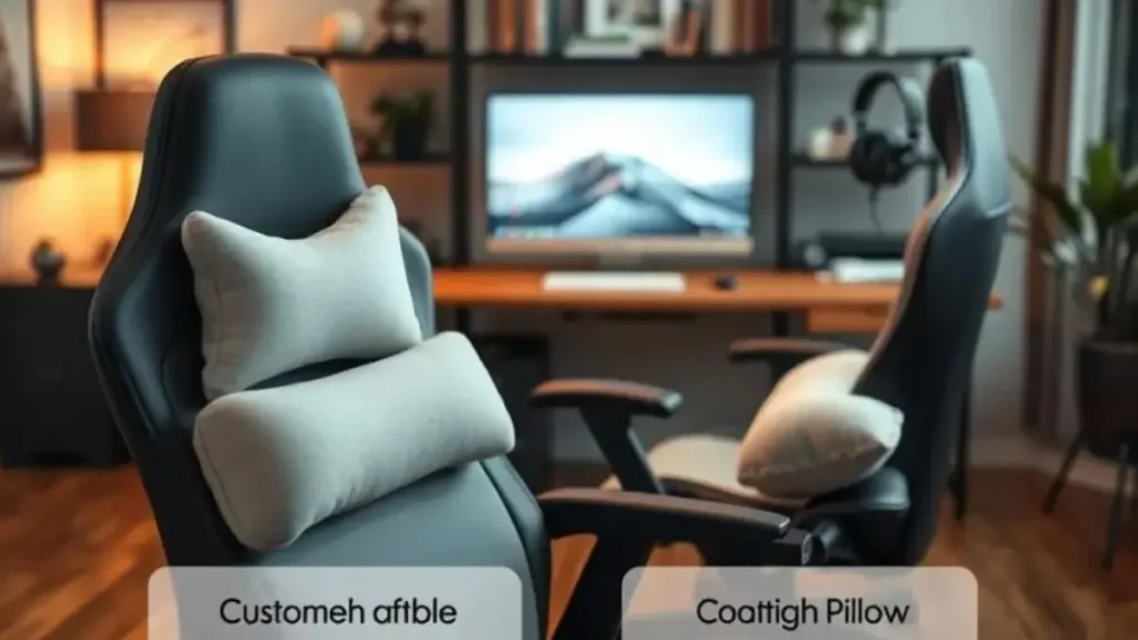 A modern ergonomic gaming chair positioned in a stylish home office setting. The focus is on a customizable lumbar support pillow and a plush neck pillow, displayed prominently in the foreground. In the middle, a tidy desk with a high-resolution monitor, sleek keyboard, and a gaming headset. Soft, warm lighting illuminates the scene, creating a cozy atmosphere that invites productivity. The background features a stylish bookshelf adorned with gaming books and decor, and a potted plant adding a touch of nature. The overall mood is professional yet relaxed, emphasizing comfort and optimization for gaming and work. Shot with a shallow depth of field to highlight the ergonomic features, conveying a sense of innovation and thoughtful design. postura correta cadeira gamer