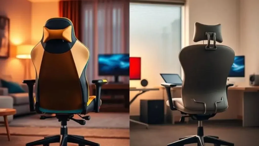 A split-screen comparison featuring a high-end gaming chair on the left and a sleek office chair on the right. In the foreground, the gaming chair is designed with vibrant colors, padded armrests, and an adjustable backrest, showcasing a modern, stylish look. The office chair, in contrast, is elegantly designed in neutral colors, with a minimalist aesthetic and ergonomic features like lumbar support. The middle ground highlights a small desk setup with gaming peripherals for the gaming chair side, while the office chair side displays a computer monitor and notepad for a professional workspace. The background fades into a cozy living room ambiance on the gaming side and a professional office environment on the office chair side, illuminated by soft, warm lighting to evoke a calm yet productive atmosphere. postura correta no setup gamer